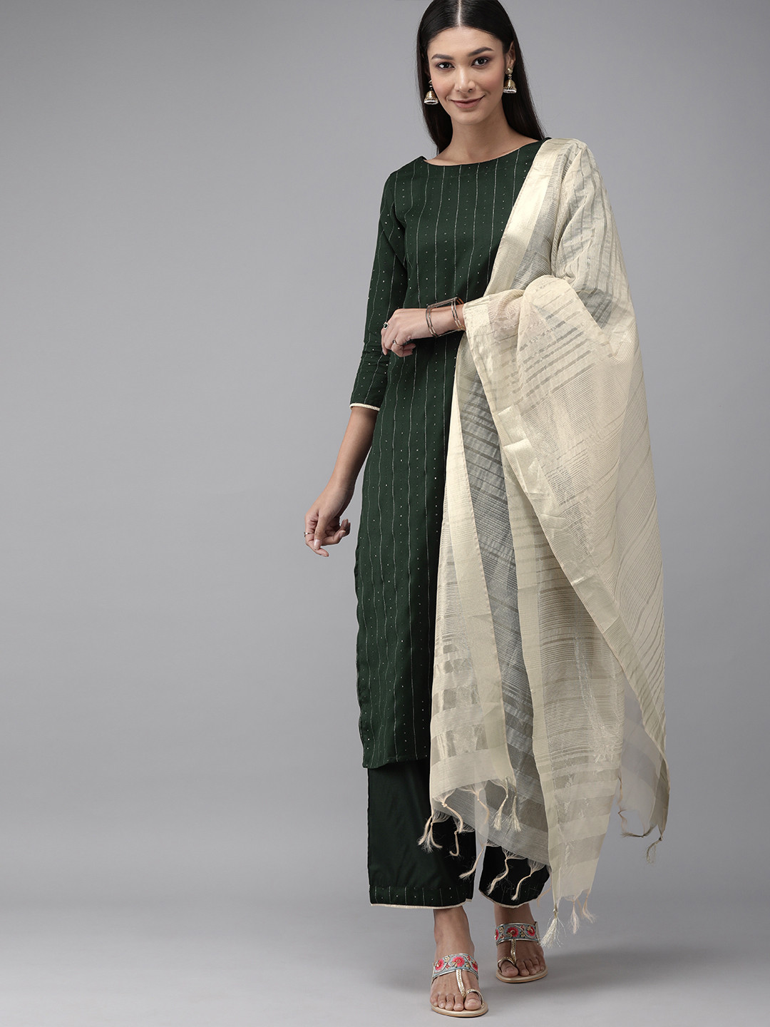 

Indo Era Women Liva Green Embroidered Kurta with Palazzos & Dupatta