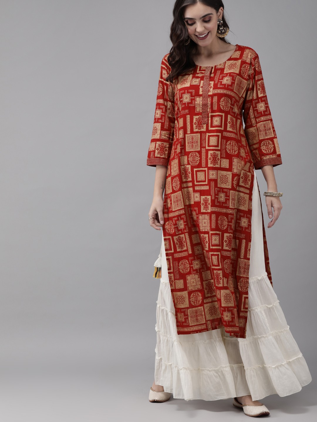 

Indo Era Women Maroon & Golden Ethnic Motifs Print Straight Kurta