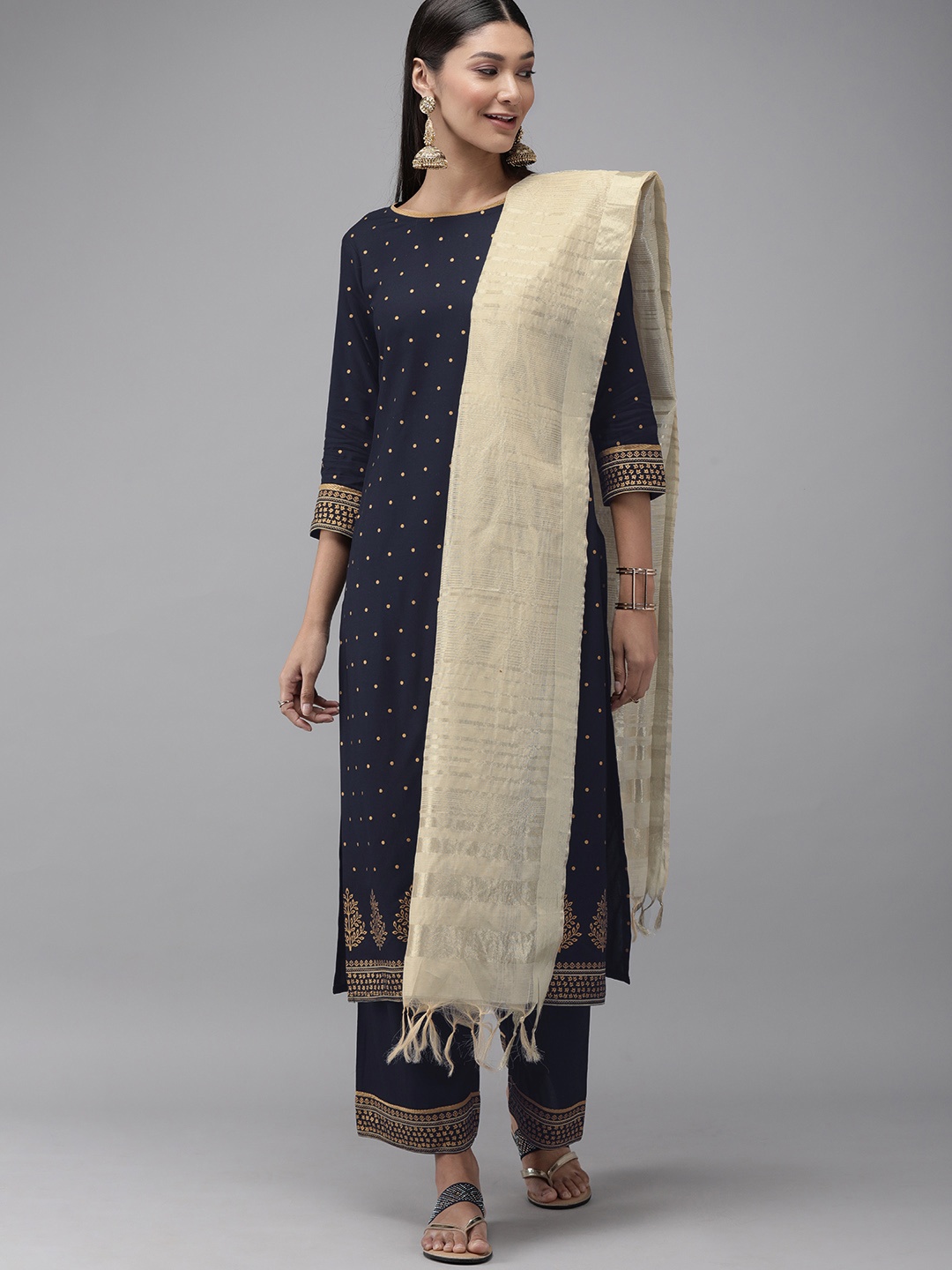 

Indo Era Women Liva Navy Blue & Gold-Toned Printed Kurta with Palazzos & Dupatta