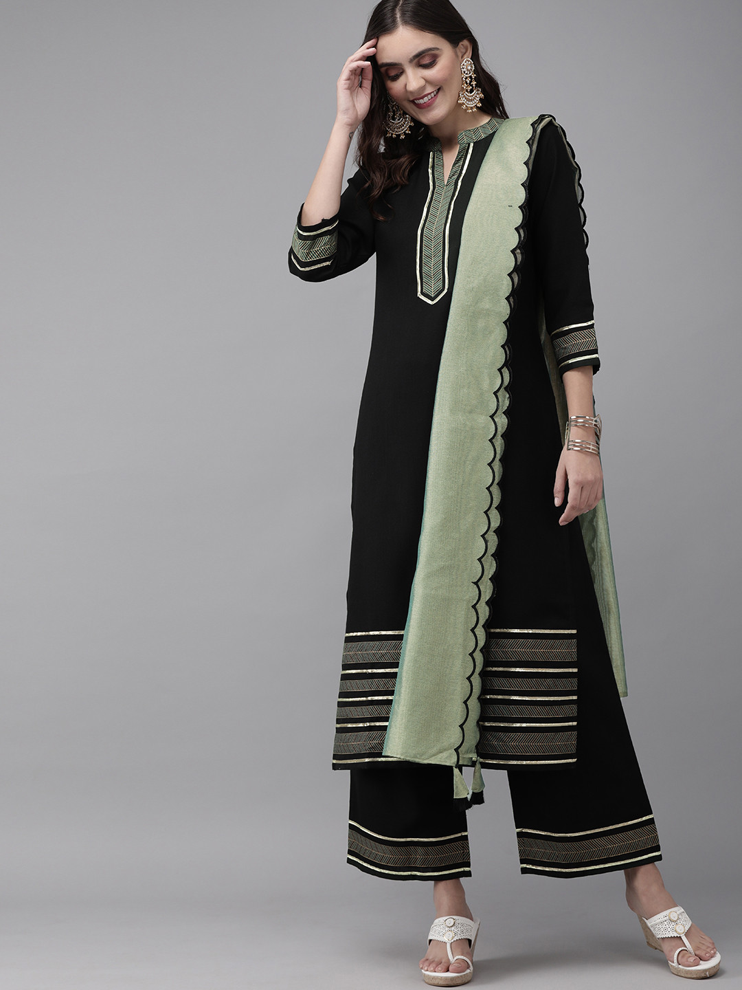 

Indo Era Women Black & Green Yoke Design Kurta with Palazzos & Dupatta