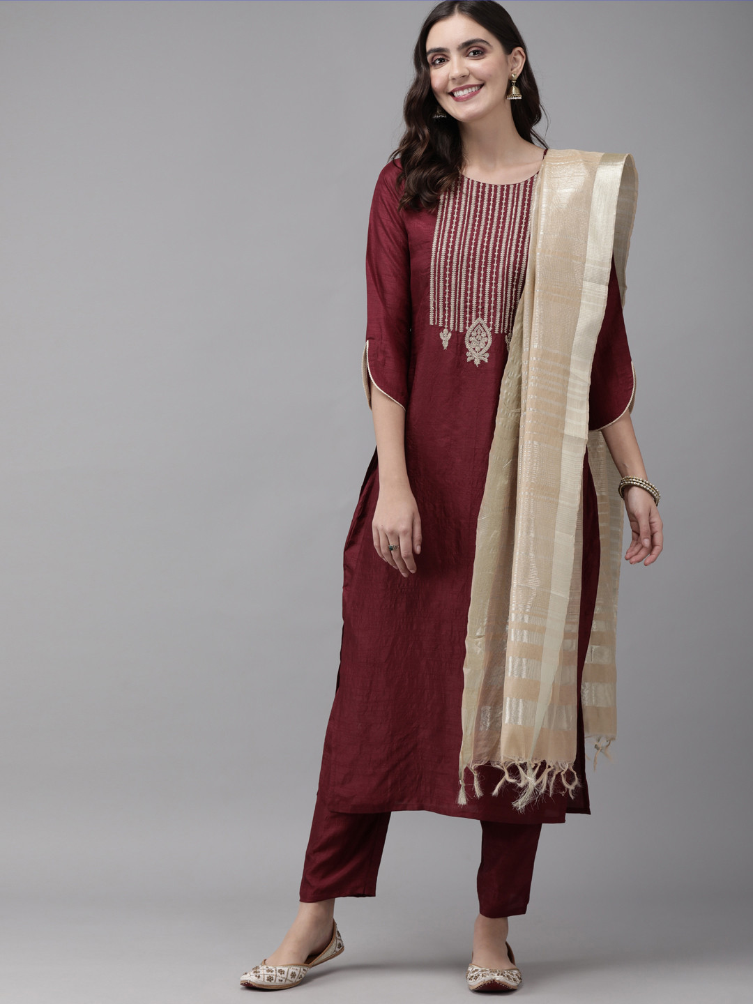 

Indo Era Women Burgundy & Beige Embroidered Kurta with Trousers & Dupatta
