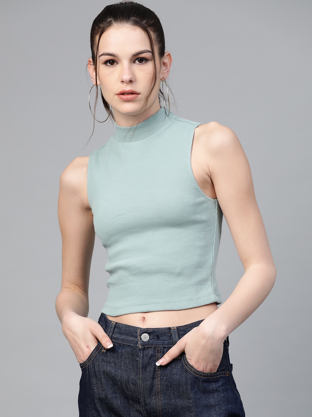 

VividArtsy Women Sea Green Ribbed Crop Top
