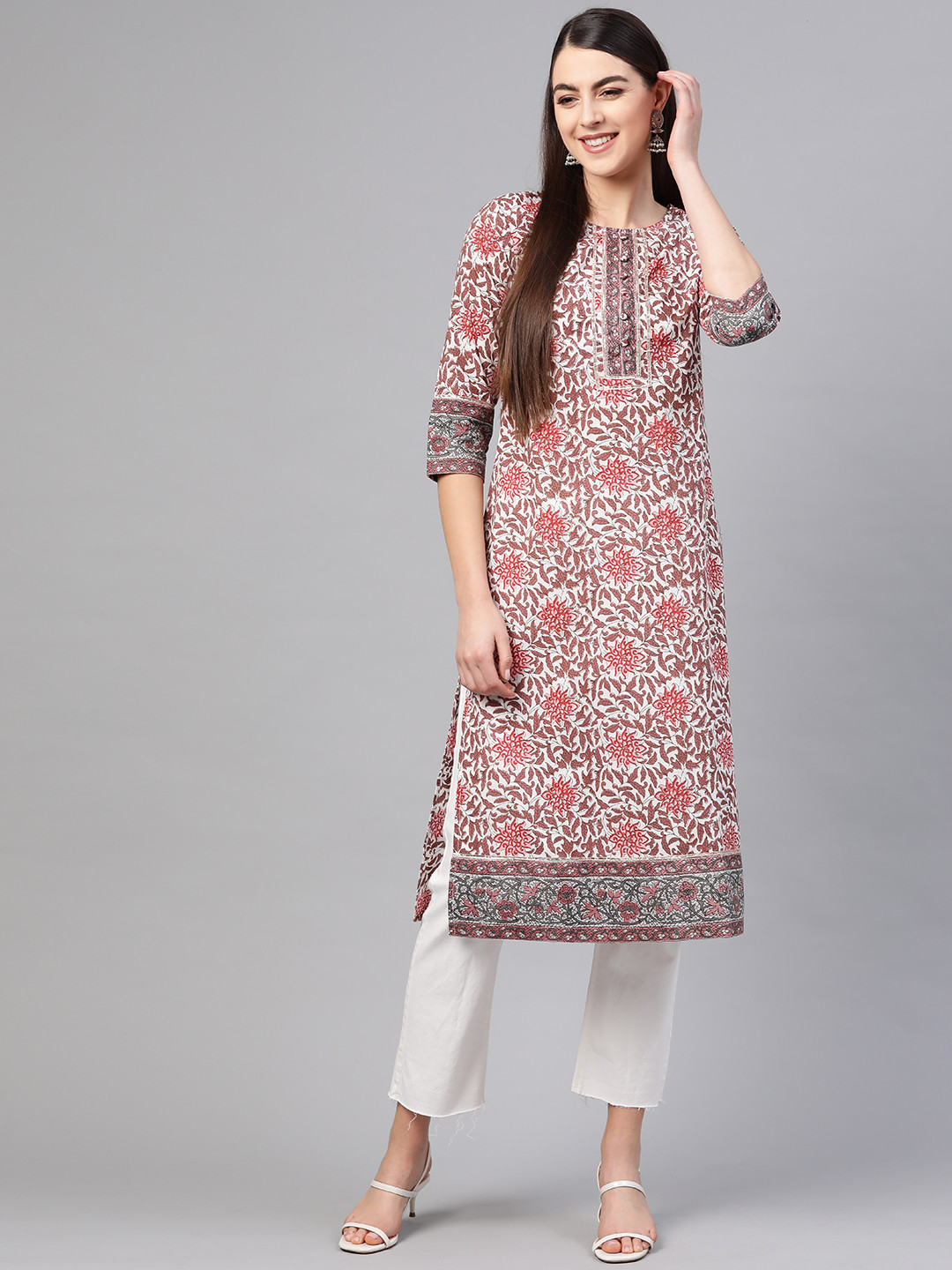 

Rain & Rainbow Women White & Mauve Pure Cotton Printed Straight Kurta