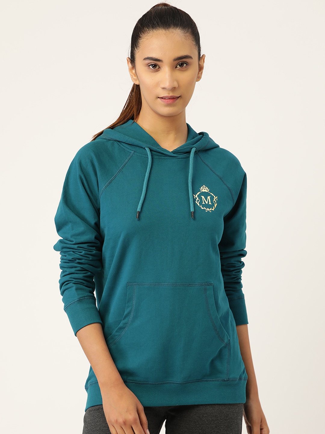 

MABISH by Sonal Jain Women Teal Blue & Golden Cotton Brand Logo Hooded Sweatshirt