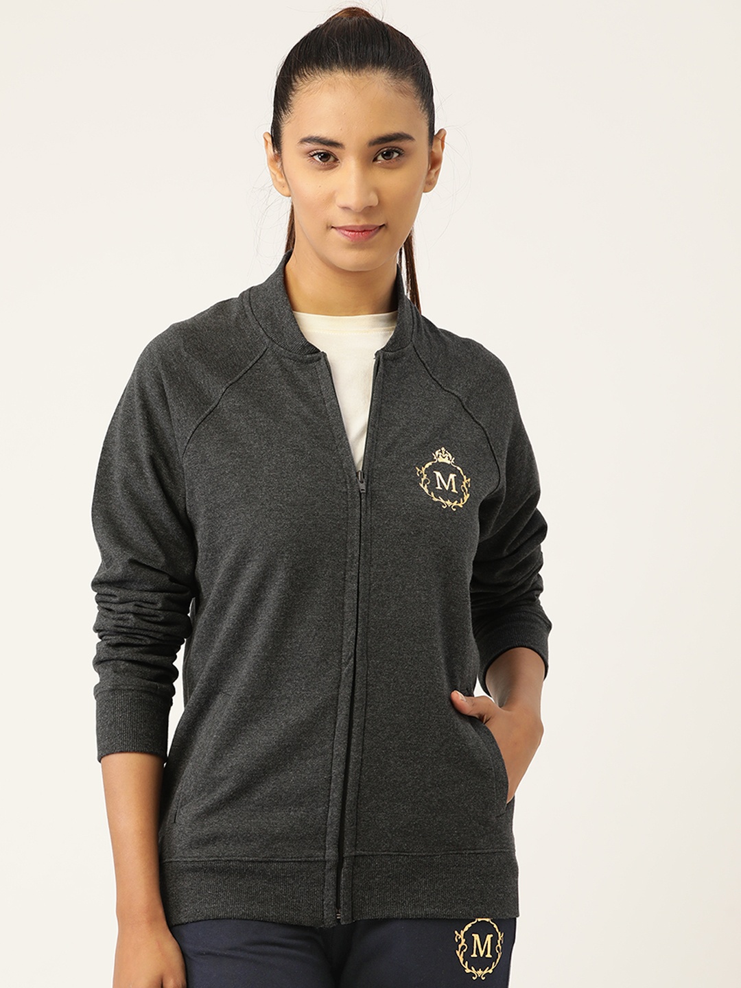 

MABISH by Sonal Jain Women Charcoal Grey & Golden Cotton Brand Logo Printed Sweatshirt