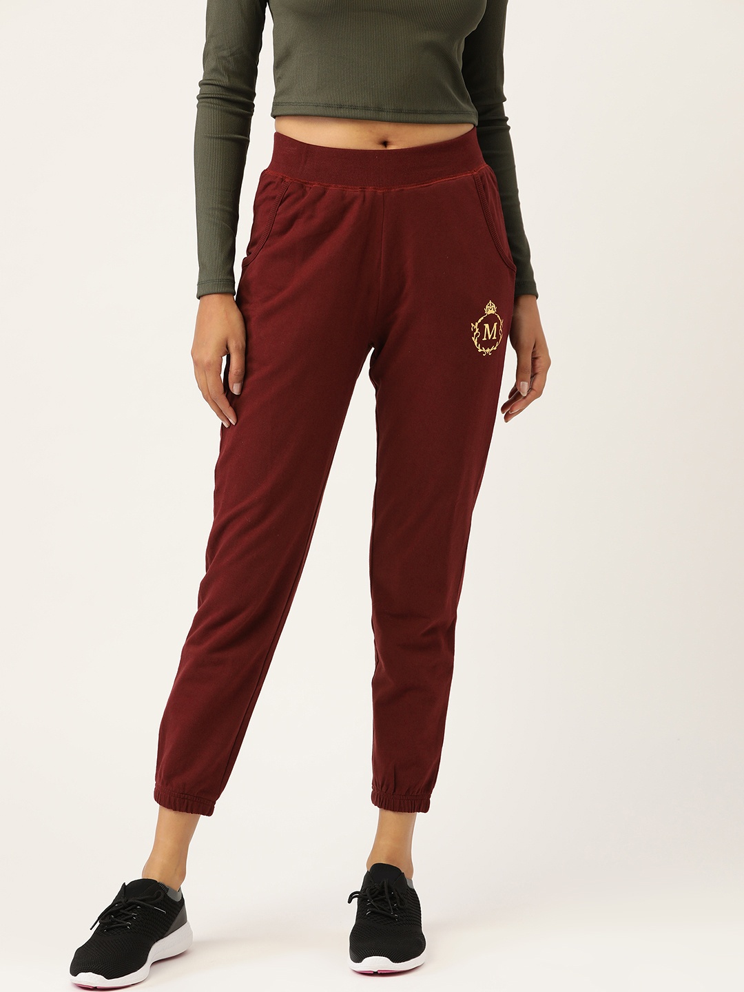 

MABISH by Sonal Jain Women Maroon Solid Slim Fit Cotton Crop Joggers