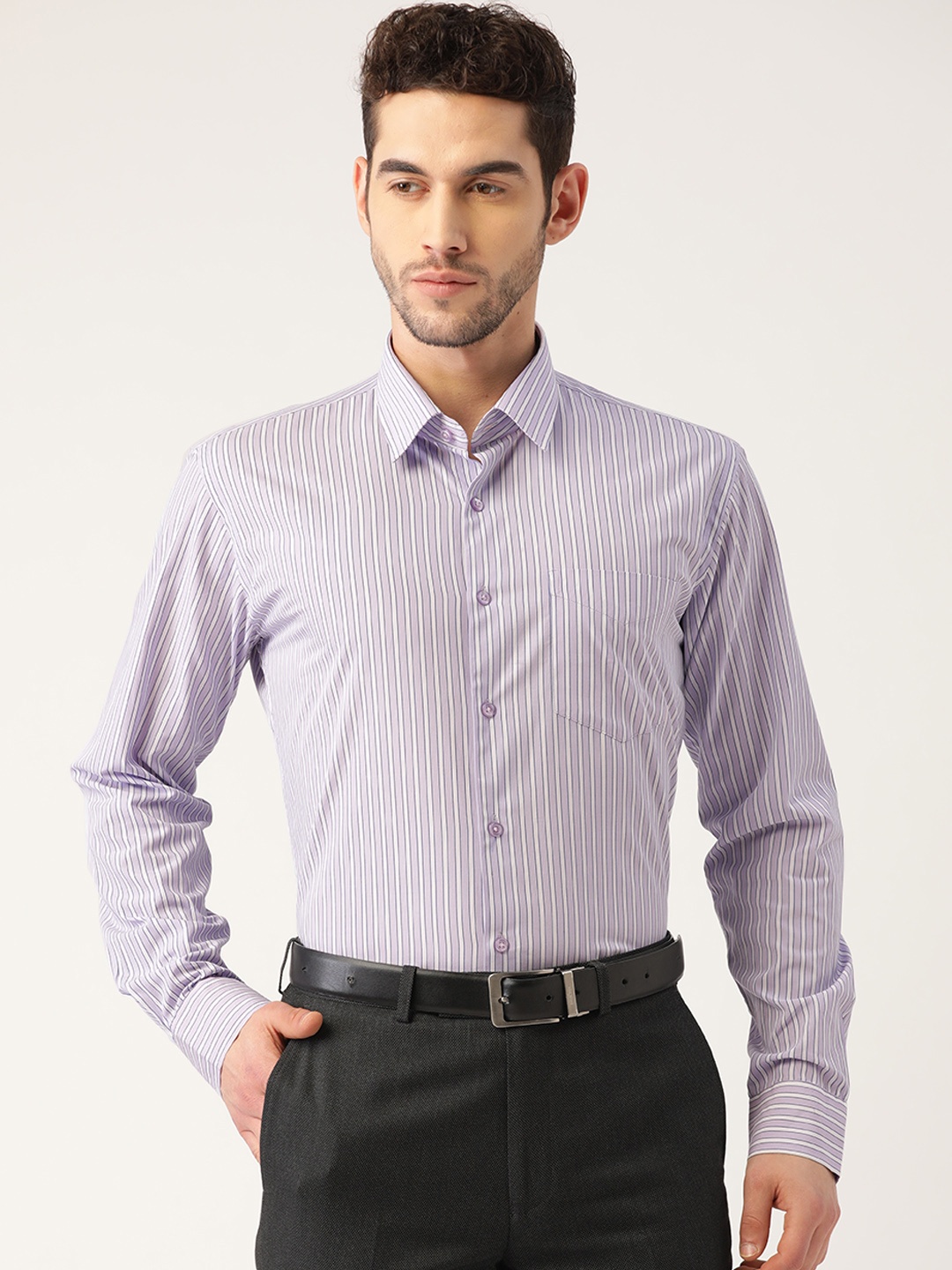 

Hancock Men Lavender & White Pure Cotton Slim Fit Striped Formal Shirt