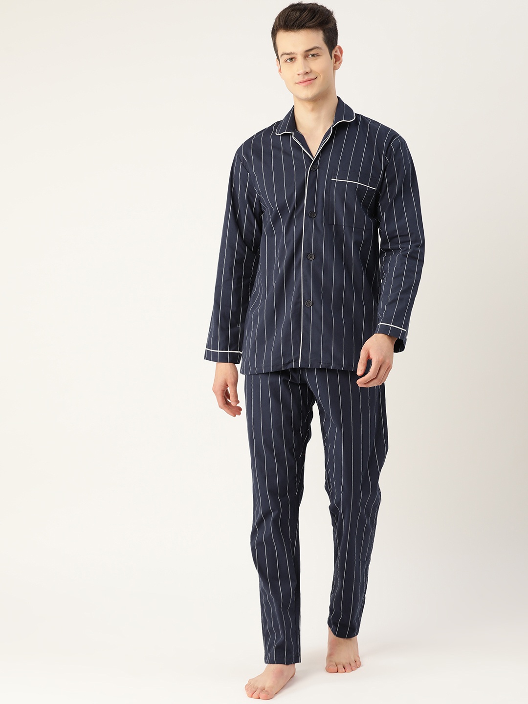 

Hancock Men Navy Blue & White Pure Cotton Striped Nightsuit