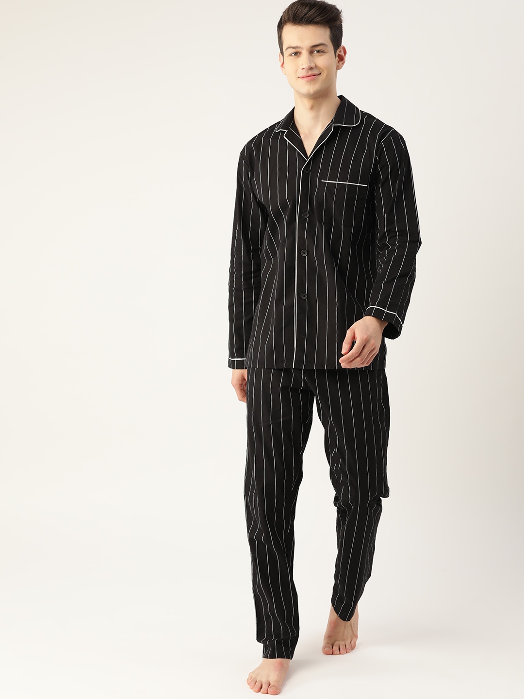 

Hancock Men Black & White Pure Cotton Striped Nightsuit