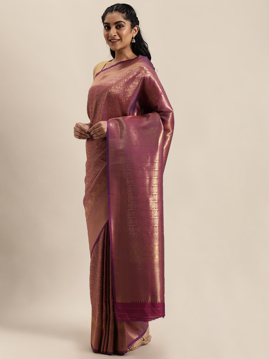 

Mitera Purple & Gold-Toned Woven Design Kanjeevaram Saree