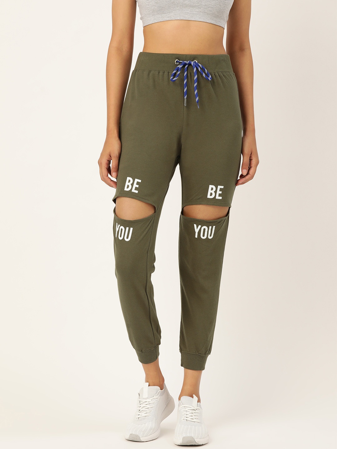 

The Dry State Women Olive Green Pure Cotton Slim Fit Slash Knee Solid Cropped Joggers