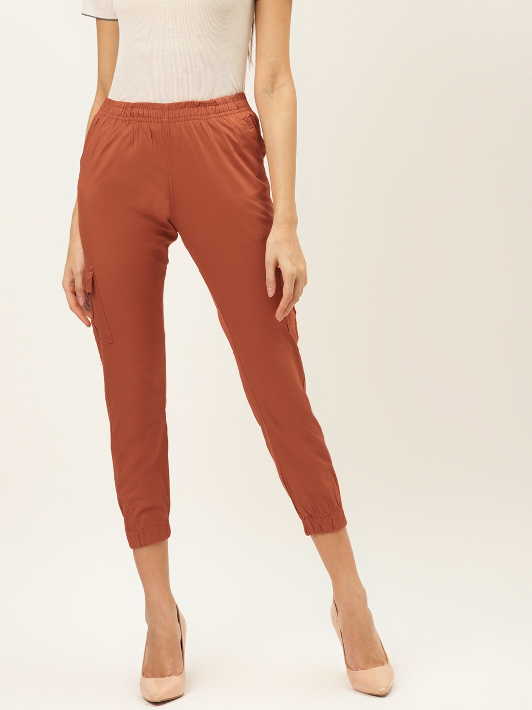 

The Dry State Women Rust Orange Regular Fit Solid Cropped Cargos