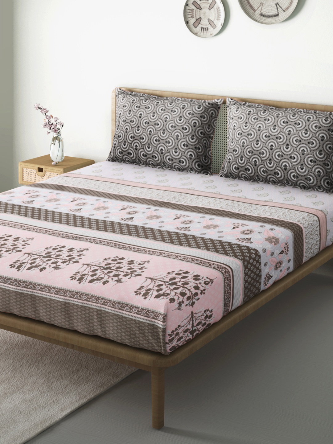 

Aura Grey & Pink Ethnic Motifs 144 TC GSM 120 Cotton 1 Queen Bedsheet with 2 Pillow Covers