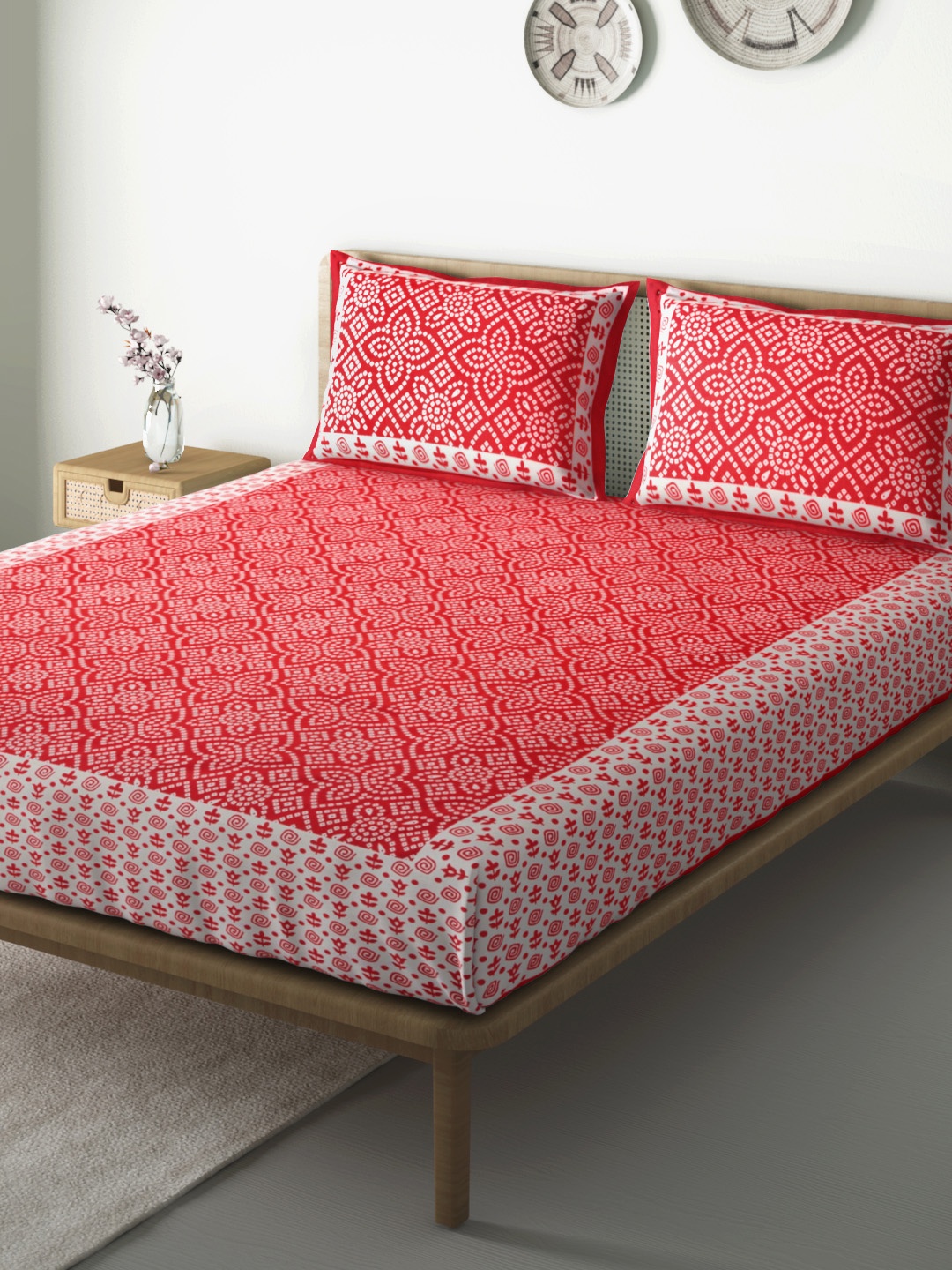 

Aura Red & White Ethnic Motifs 104 TC Cotton 1 Queen Bedsheet with 2 Pillow Covers