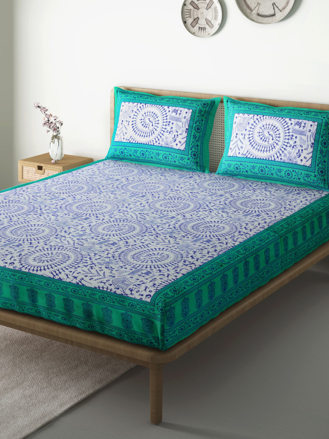 

Aura White & Blue Ethnic Motifs 104 TC Cotton 1 Queen Bedsheet with 2 Pillow Covers