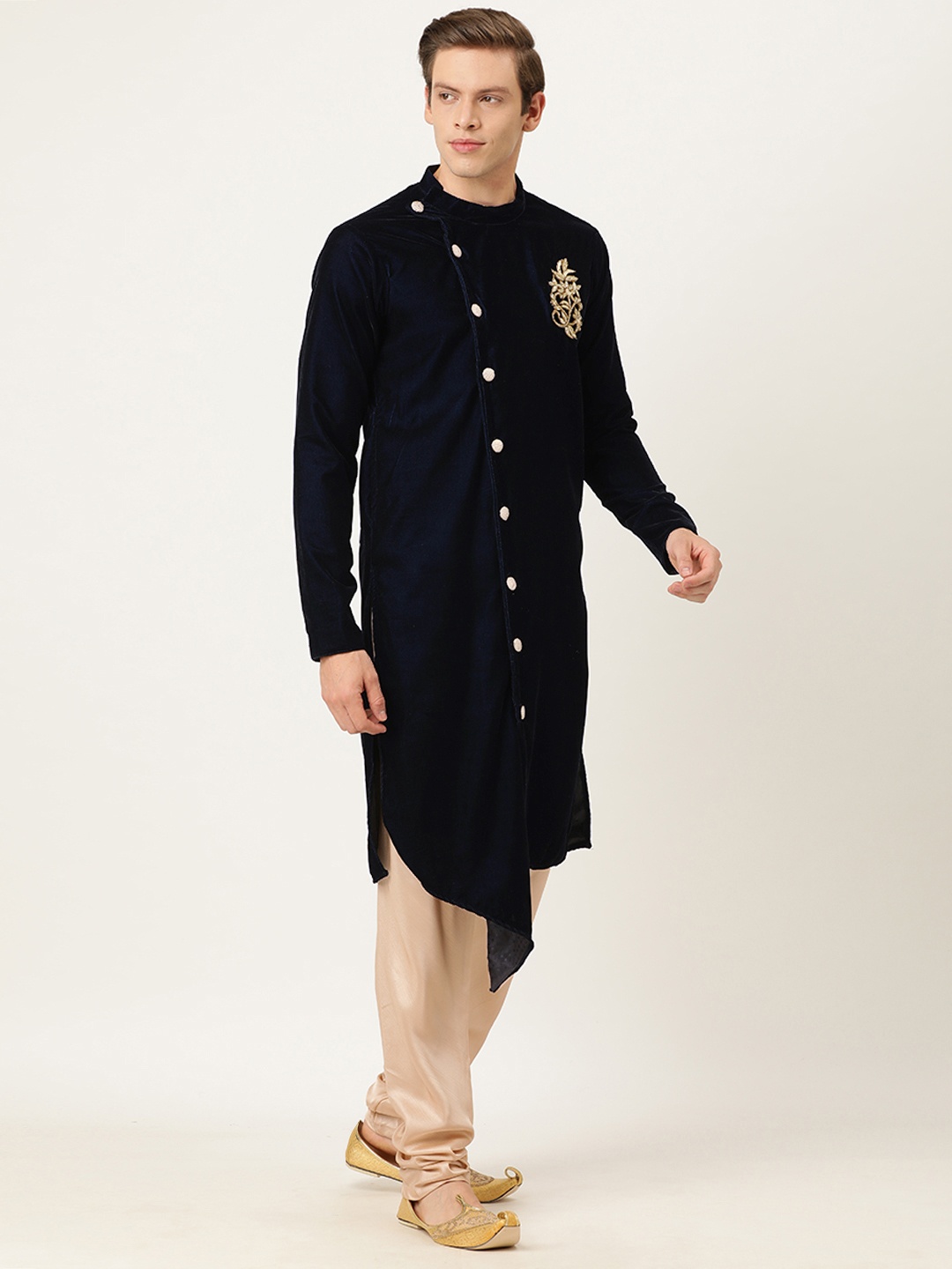 

Ethnovog Men Made To Measure Navy Blue Beige Embroidered Kurta with Churidar