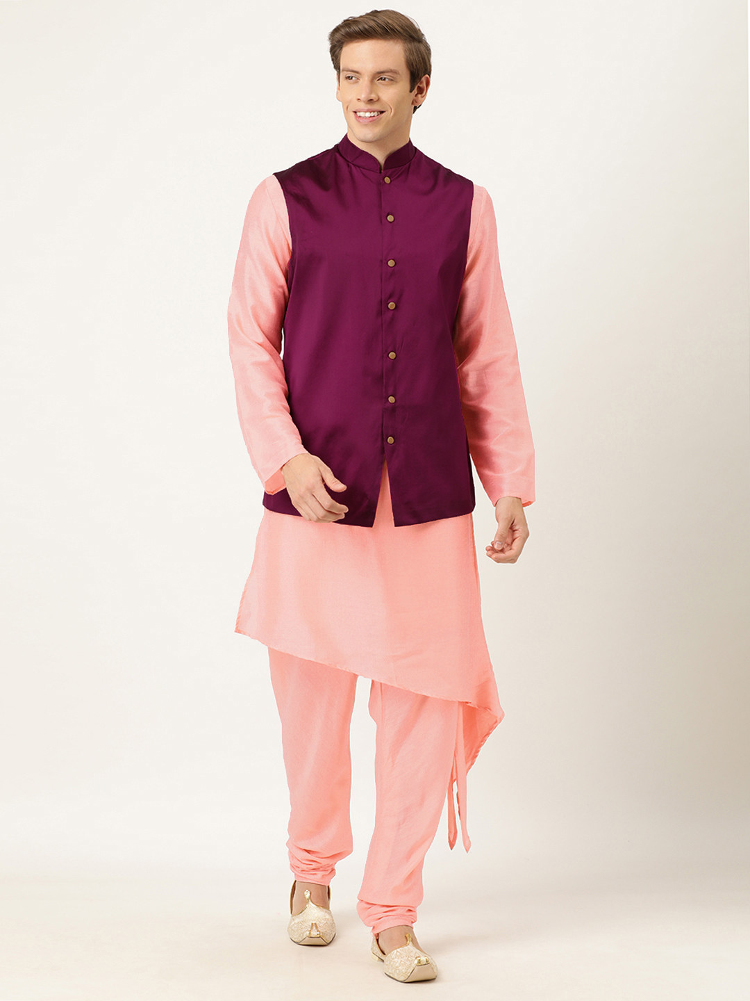 

Ethnovog Men Pink Maroon Solid Made To Measure Kurta with Churidar