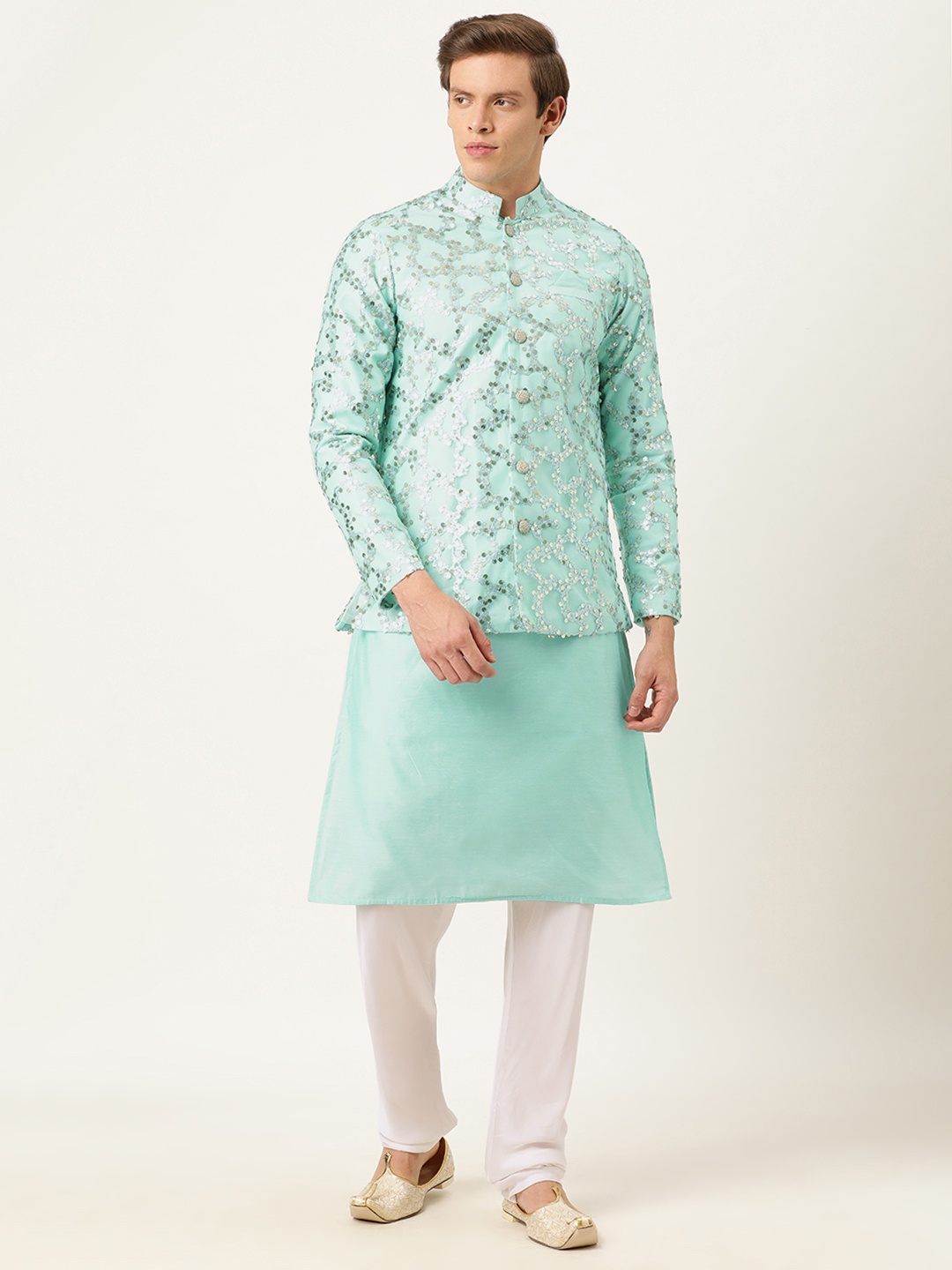 

Ethnovog Men Blue White Solid Made To Measure Kurta with Pyjamas Nehru Jacket