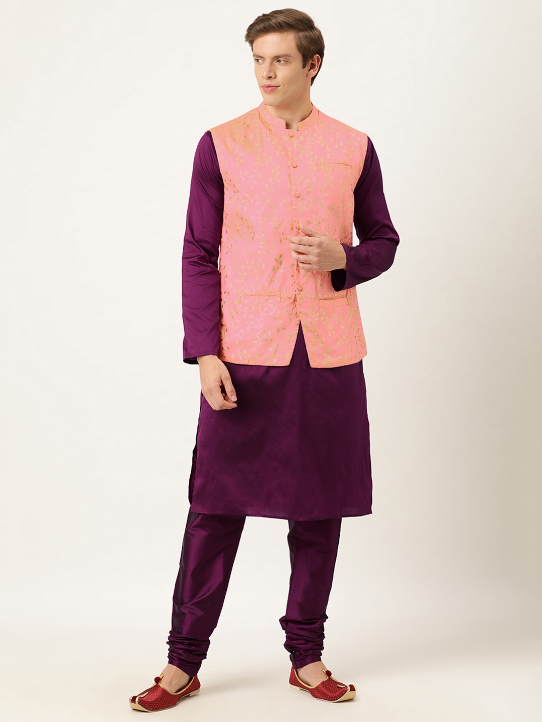 

Ethnovog Men Purple Pink Printed Made To Measure Kurta with Churidar Nehru Jacket