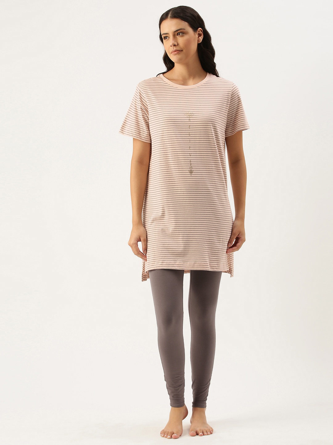 

Enamor Women Peach-Coloured & Brown Striped Tunic with Yoga Leggings