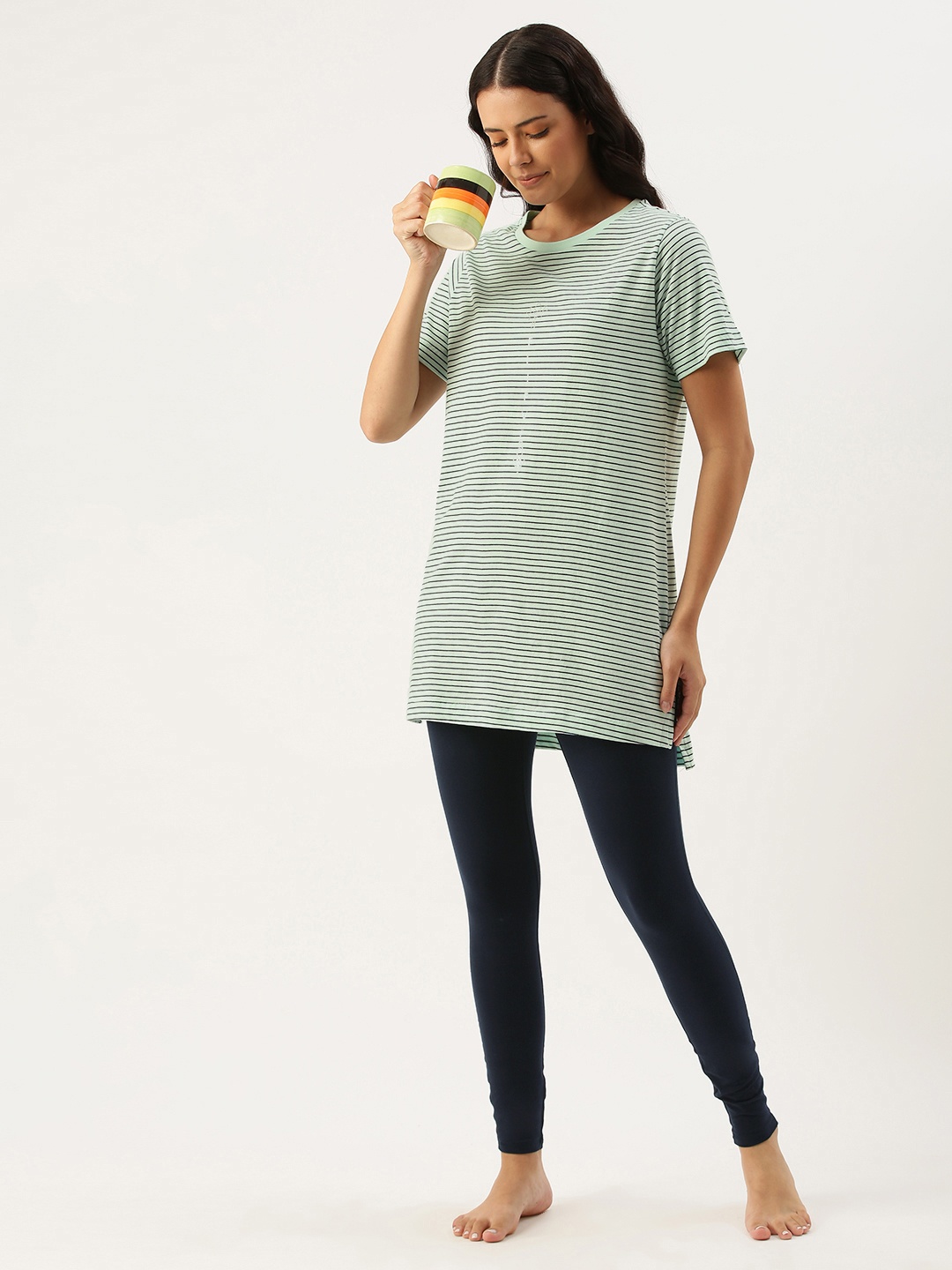 

Enamor Women Green & Navy Blue Striped Tunic with Yoga Leggings