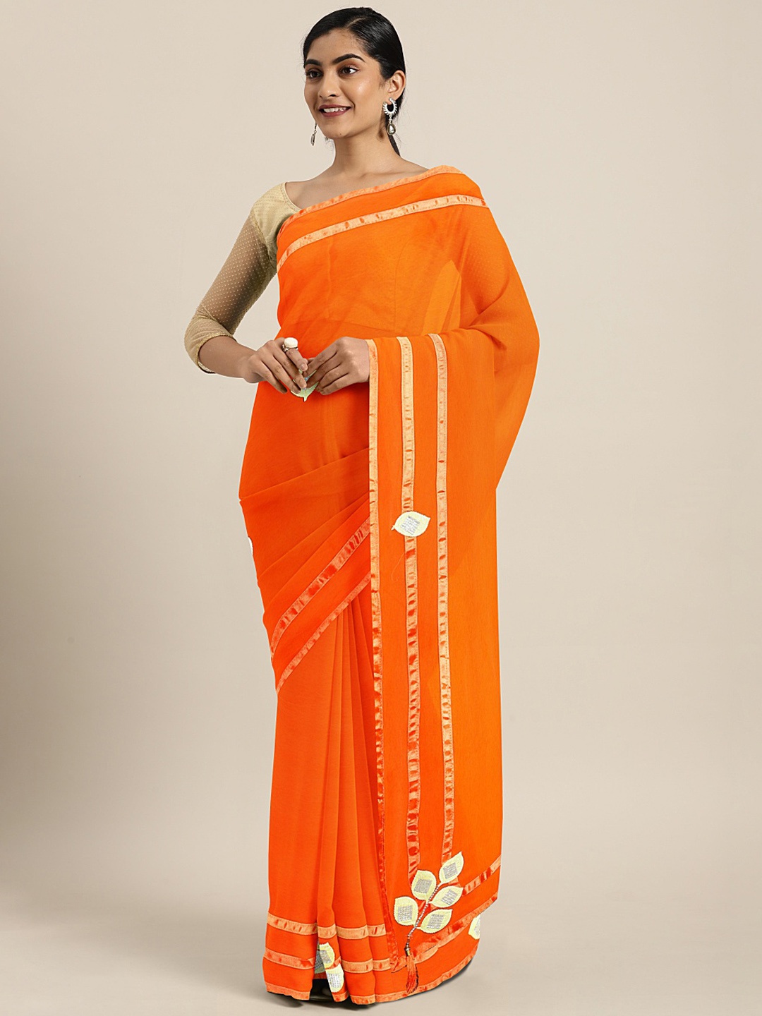 

KALINI Orange Solid Patchwork Saree