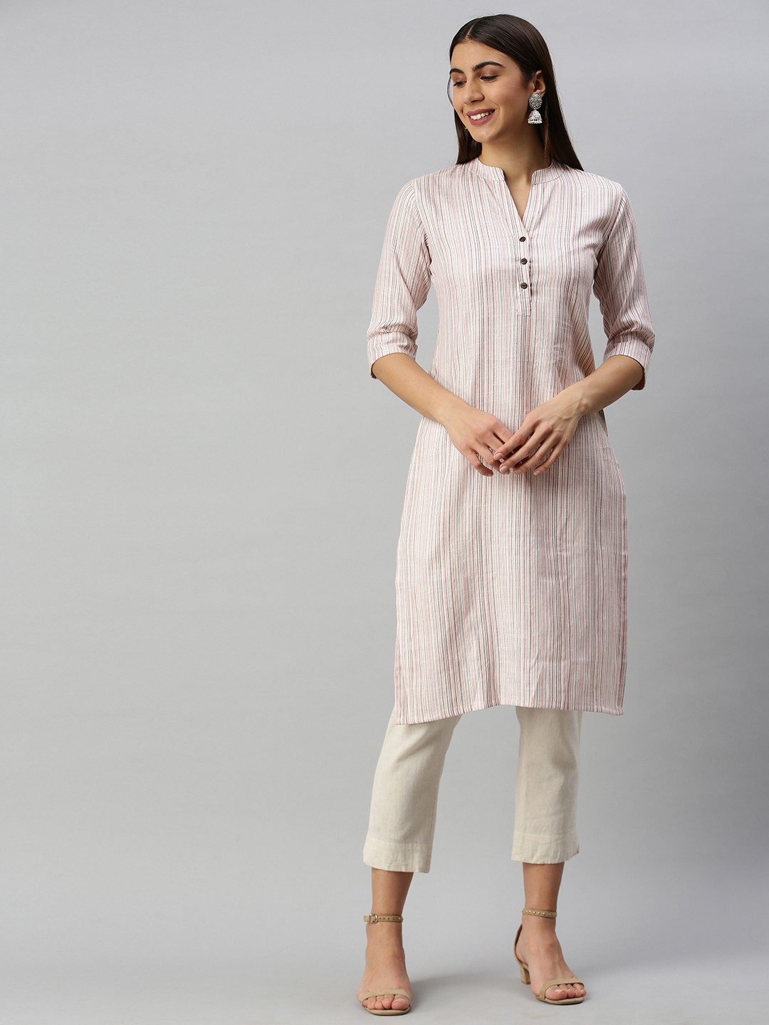 

AHIKA Women Off White & Pink Striped Kurta