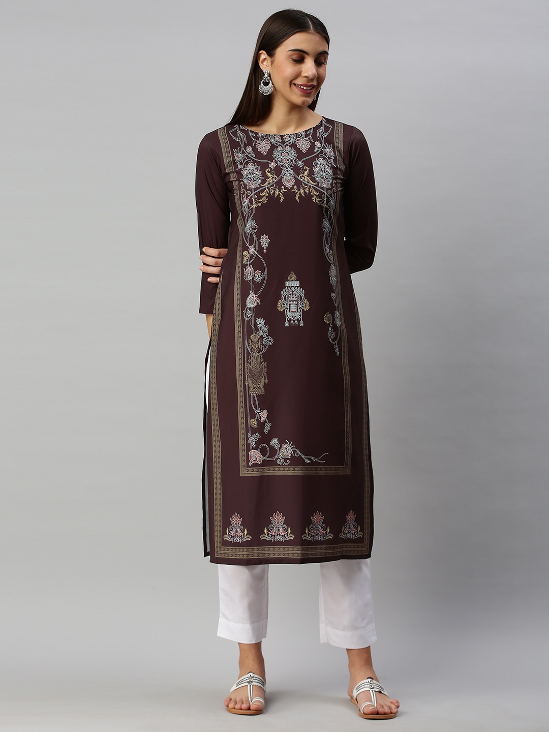 

AHIKA Women Brown & White Floral Printed Kurta