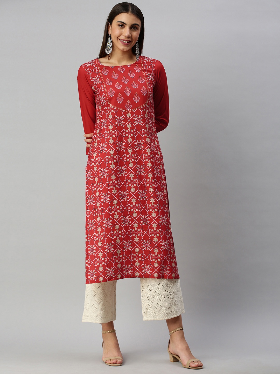 

AHIKA Women Red & Off White Floral Printed Kurta