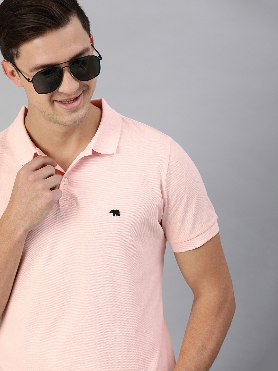 

THE BEAR HOUSE Men Pink Solid Polo Collar Pure Cotton T-shirt