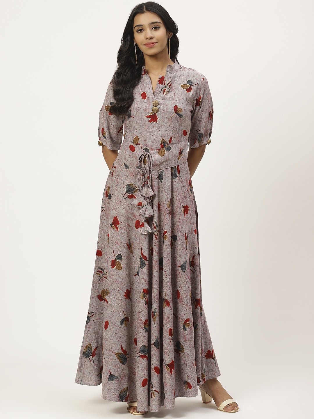 

Cottinfab Women Grey & Red Pure Cotton Floral Print Maxi Dress