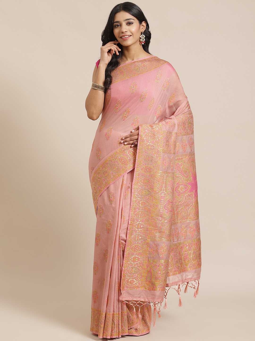 

Mitera Dusty Pink & Green Liva Zari Woven Design Saree