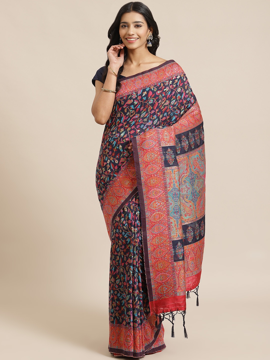 

Mitera Navy Blue & Red Liva Zari Woven Design Saree