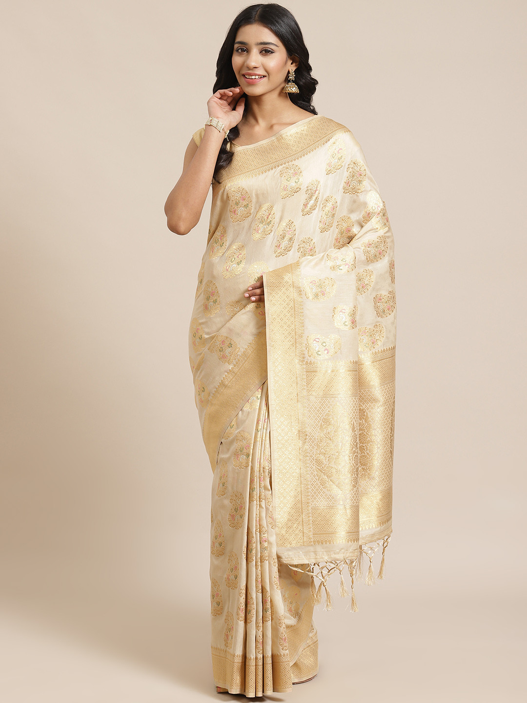 

Mitera Beige & Golden Liva Paisley Woven Design Saree