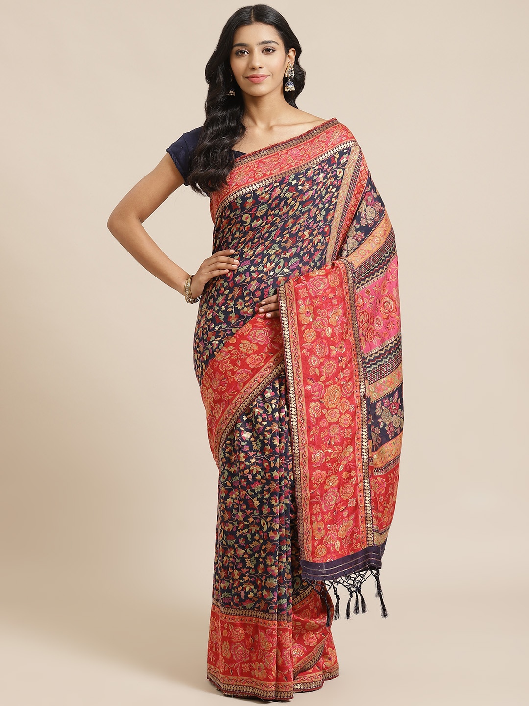 

Mitera Navy Blue & Red Liva Floral Woven Design Saree