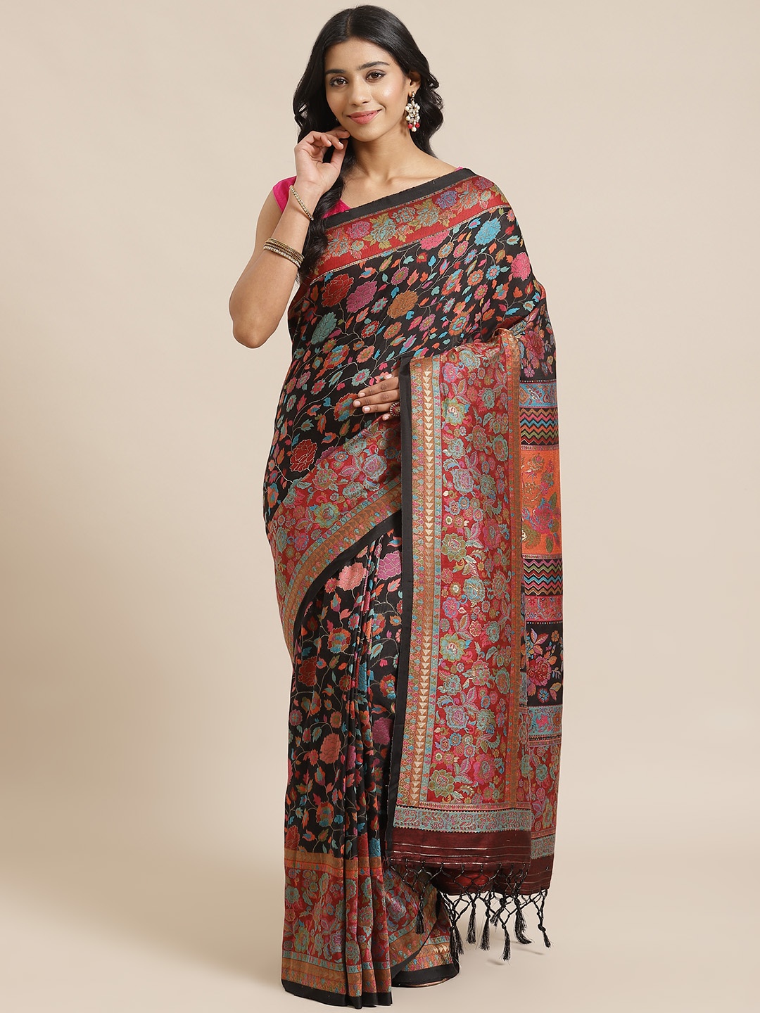 

Mitera Black & Red Liva Zari Woven Design Saree