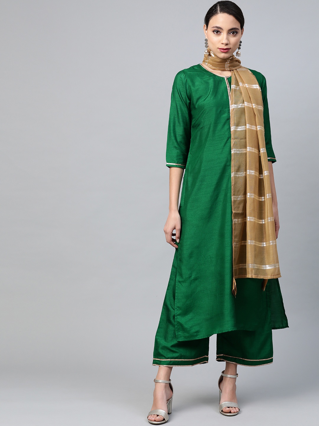 

Indo Era Women Green & Beige Solid Kurta with Palazzos & Dupatta