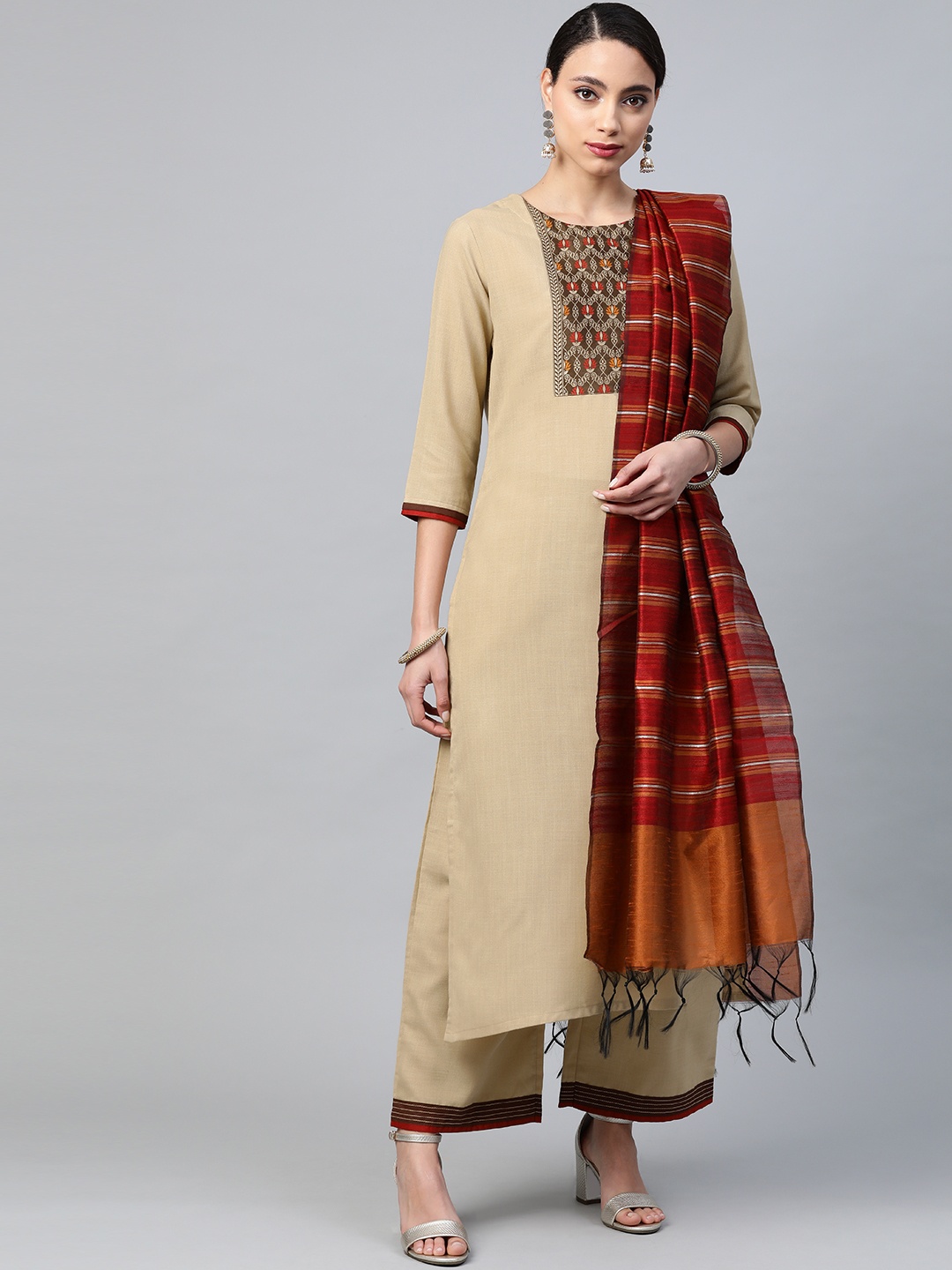 

Indo Era Women Beige & Red Jacquard Yoke Design Kurta with Palazzos & Dupatta