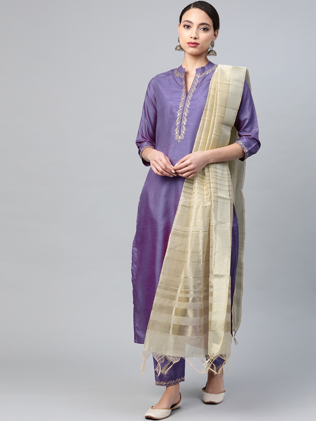 

Indo Era Women Purple & Cream-Coloured Zari Work Kurta with Trousers & Dupatta