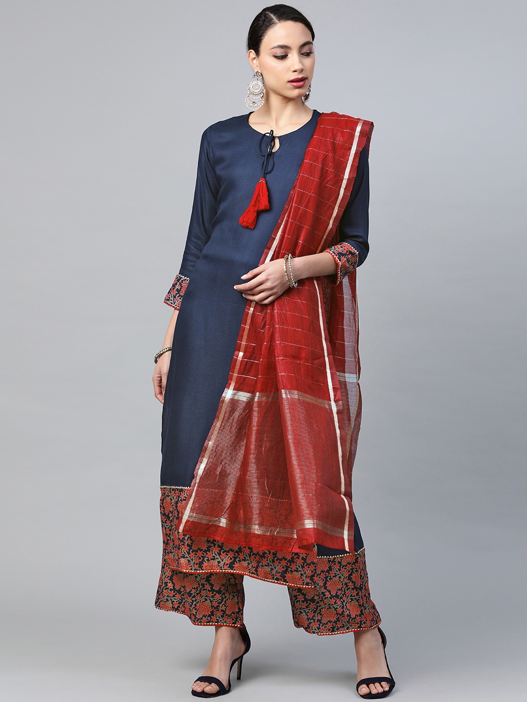 

Indo Era Women Navy Blue & Red Solid Kurta with Palazzos & Dupatta