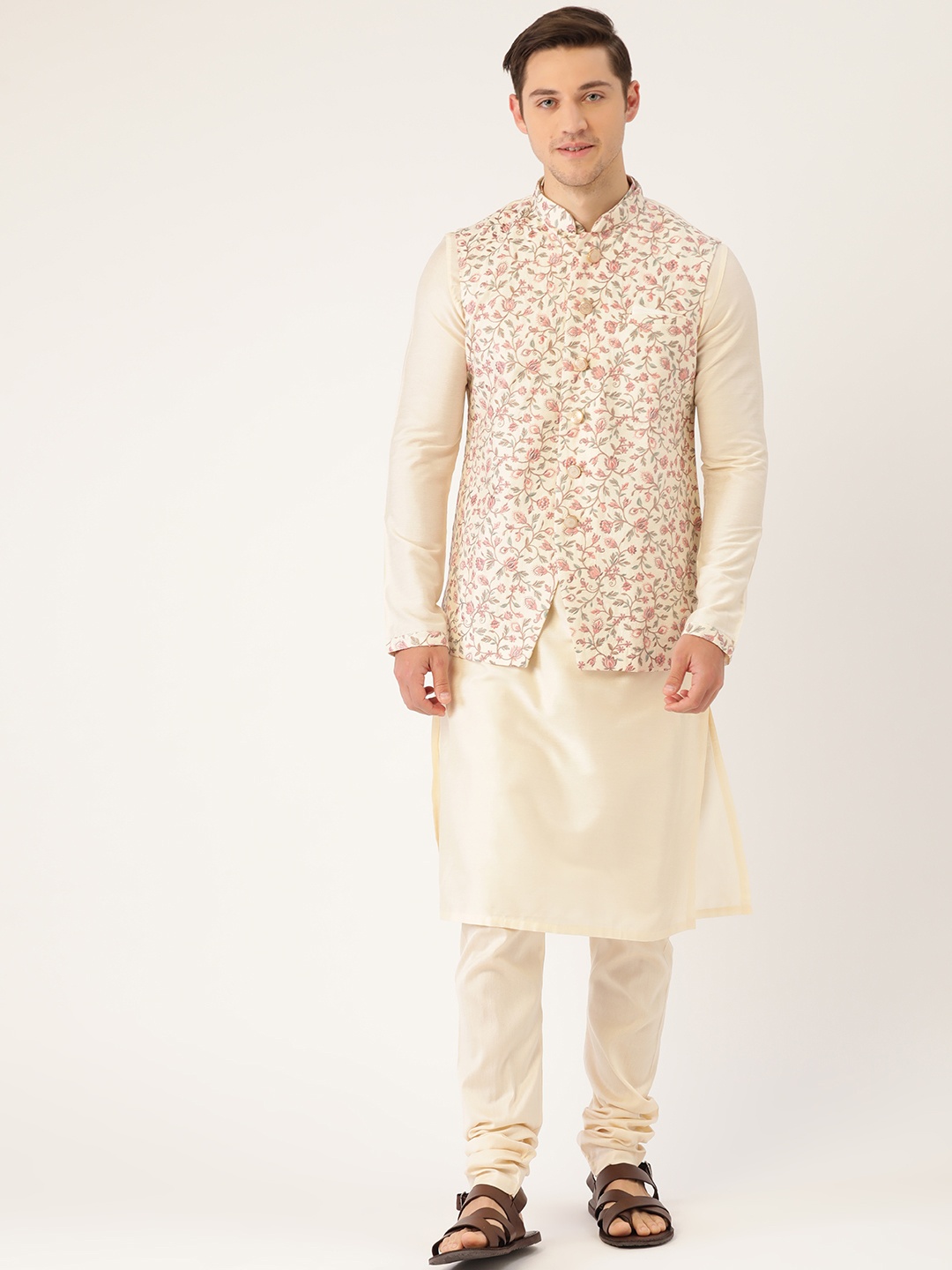 

Manyavar Men Cream-Coloured & Pink Embroidered Kurta with Churidar & Nehru Jacket