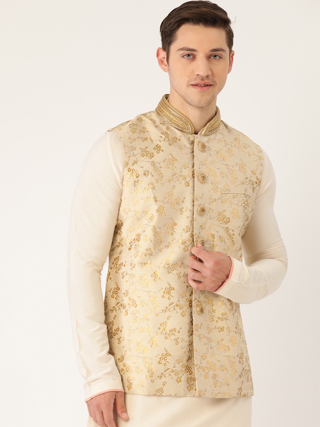 

Manyavar Men Beige & Golden Self Design Nehru Jacket