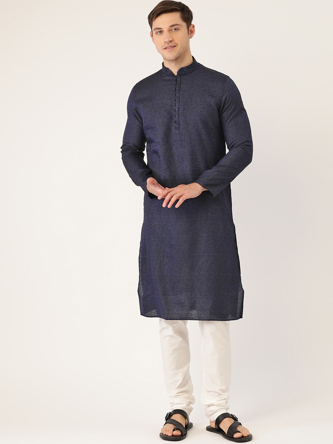 

Manyavar Men Navy Blue & White Self Design Kurta with Churidar