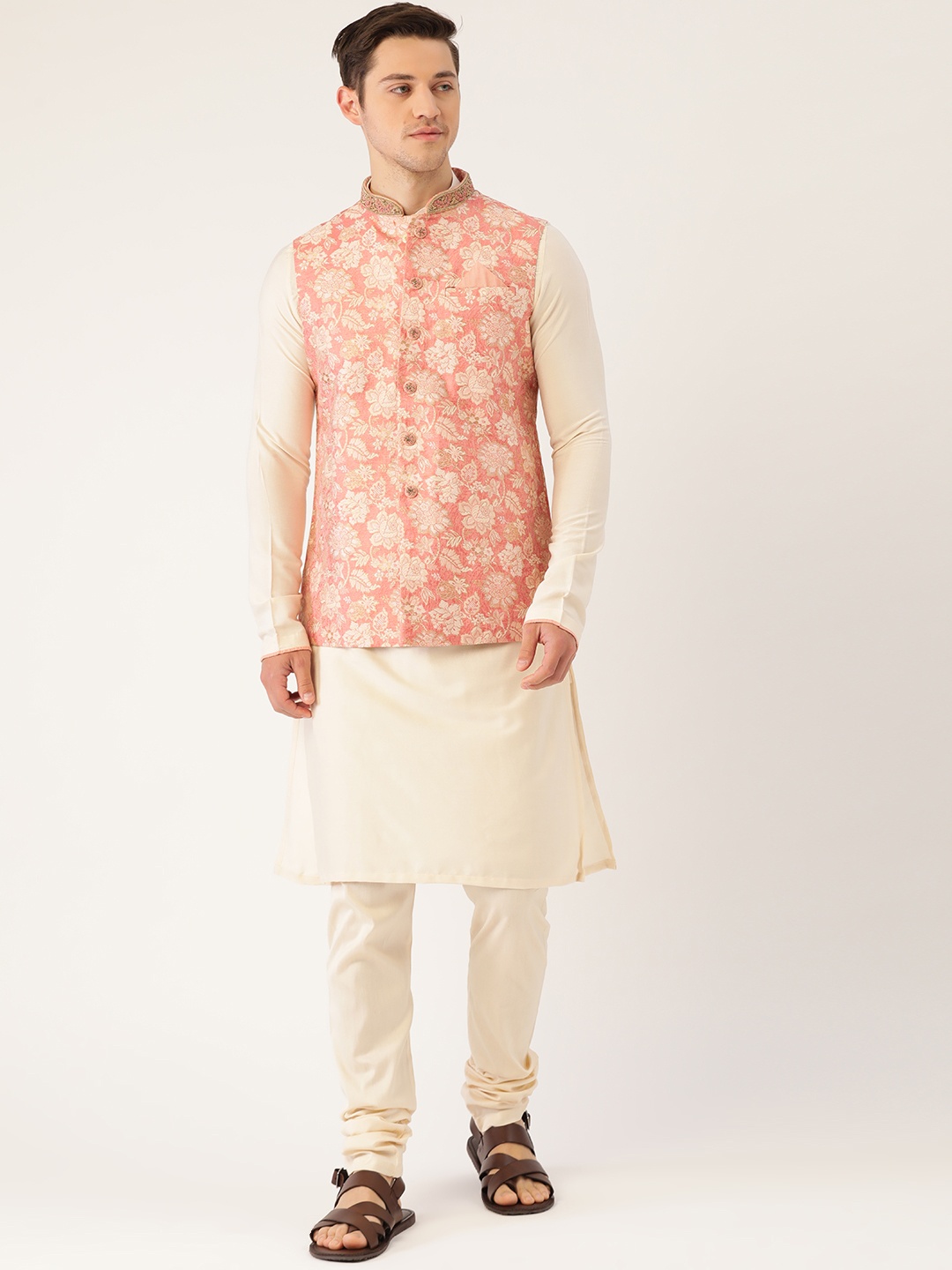 

Manyavar Men Peach & Cream Coloured Woven Jacquard Kurta with Churidar & Nehru Jacket