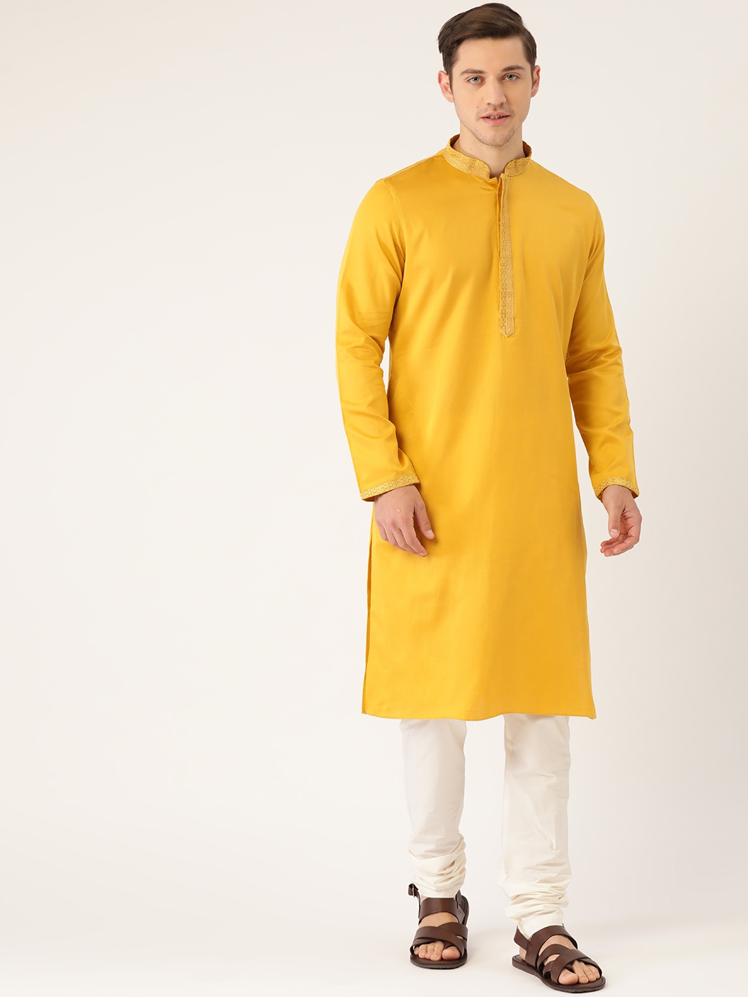 

Manyavar Men Mustard Yellow & Off-White Solid Kurta with Churidar