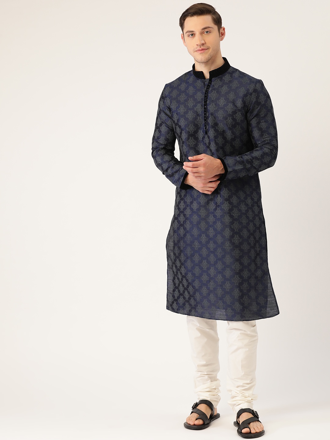 

Manyavar Men Navy Blue & Off-White Printed Kurta with Churidar