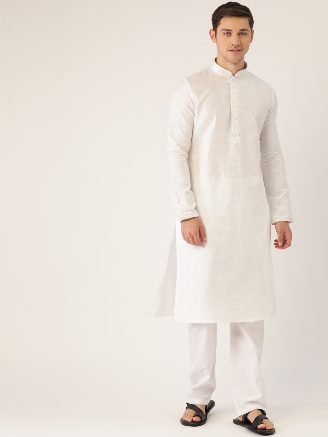 

Manyavar Men White Self Design Kurta with Pyjamas