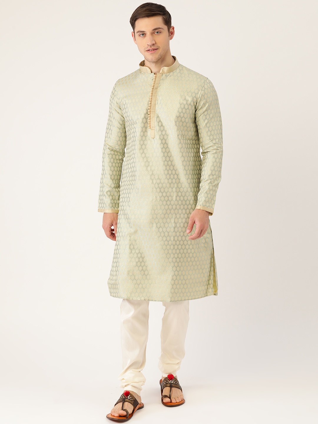 

Manyavar Men Green & Off-White Self Design Kurta with Churidar