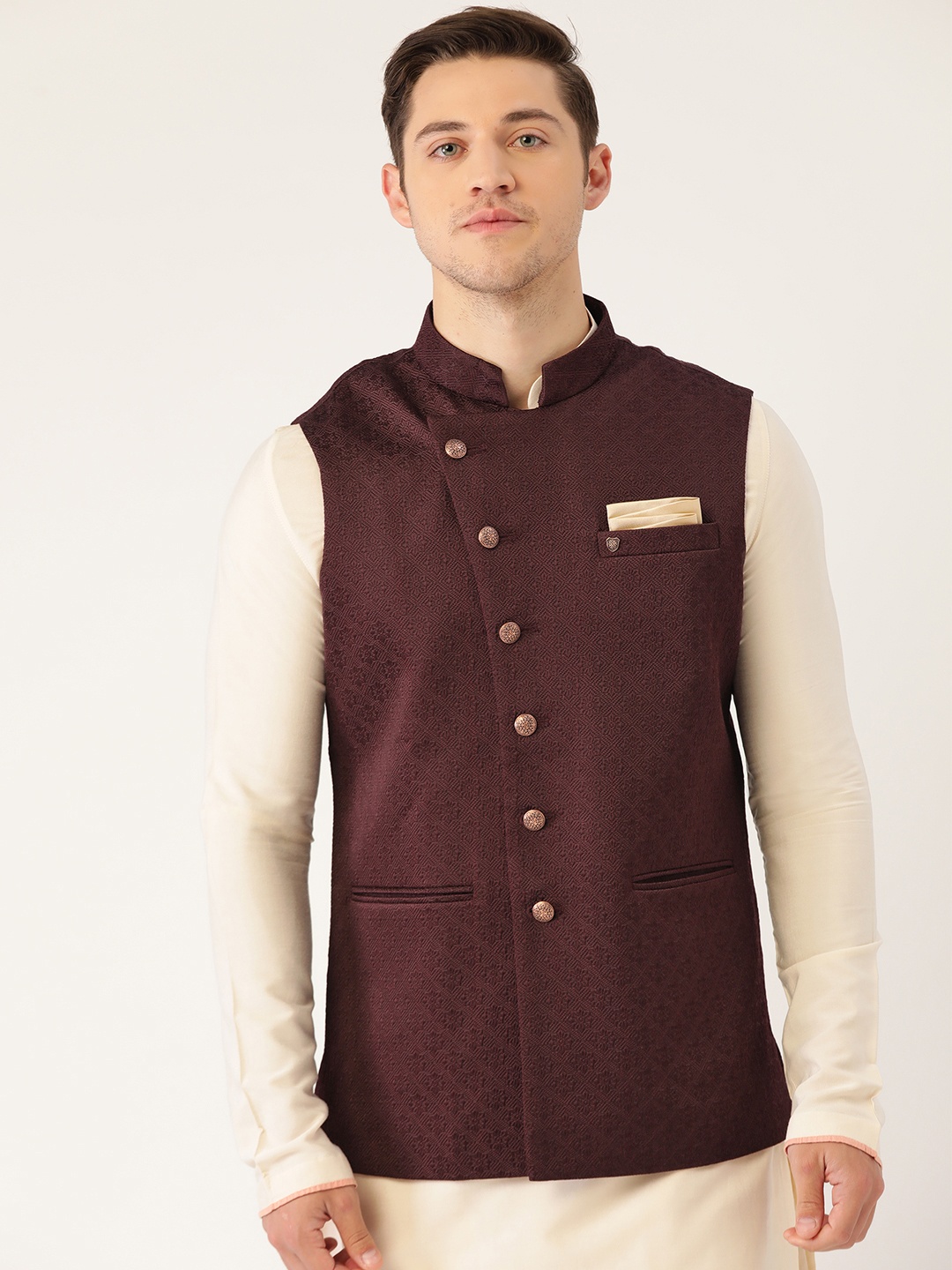 

Manyavar Men Maroon Self Design Nehru Jacket