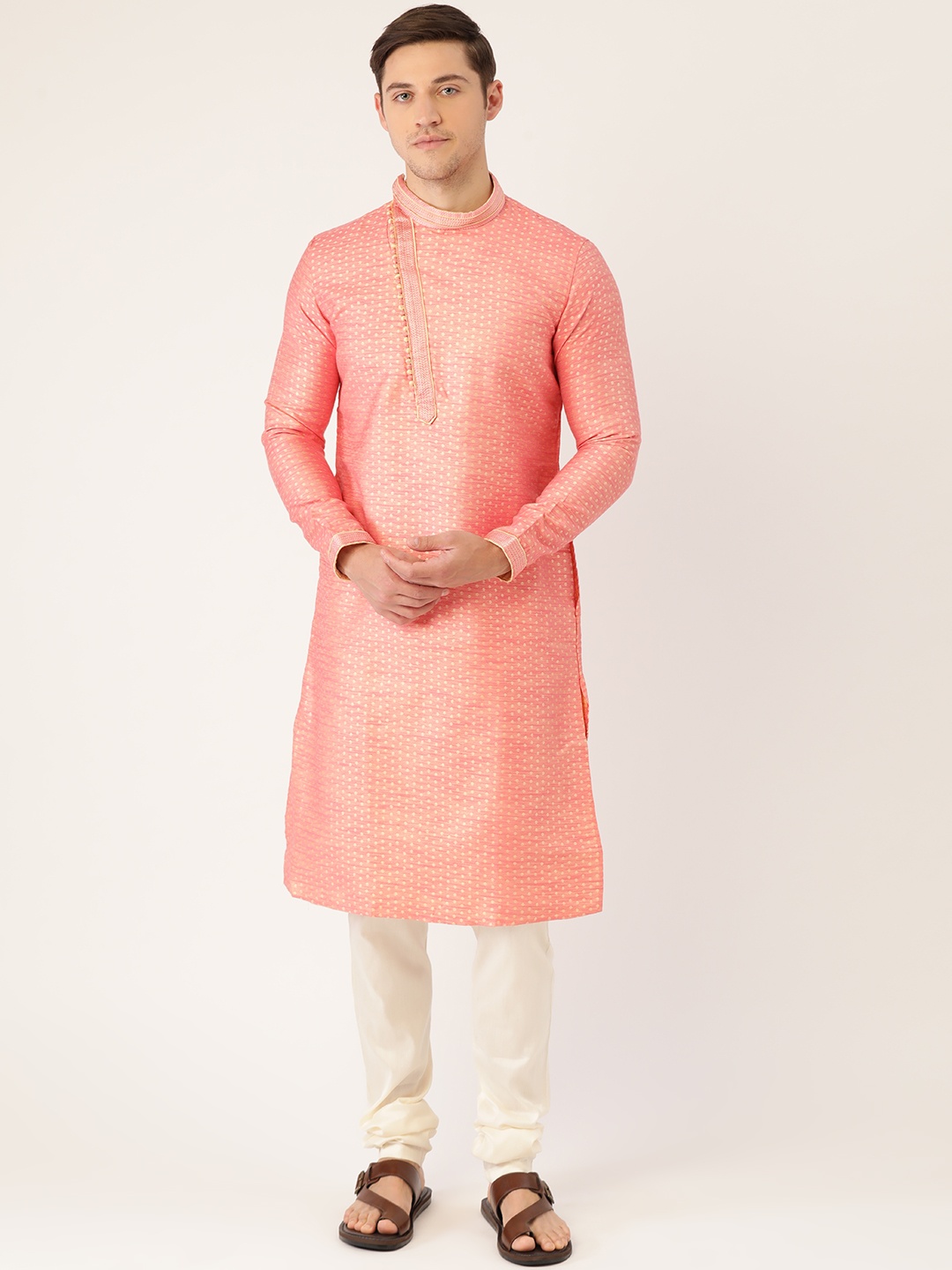 

Manyavar Men Peach-Coloured & Off-White Self Design Kurta with Churidar